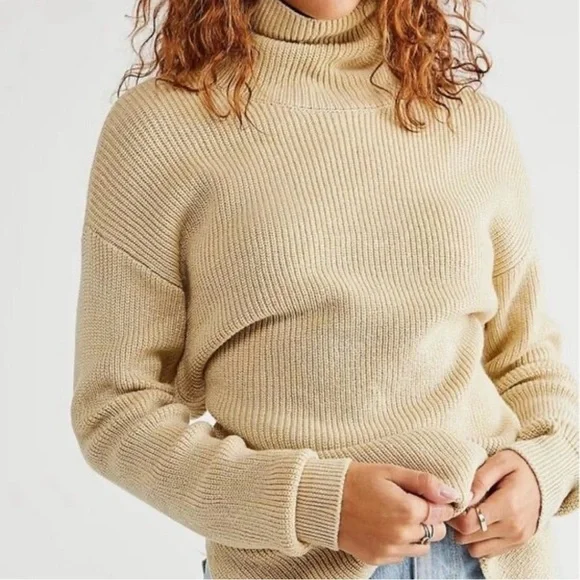 Free People Beach Reed Tan Tie Back Turtleneck Sweater Medium - Picture 2 of 6